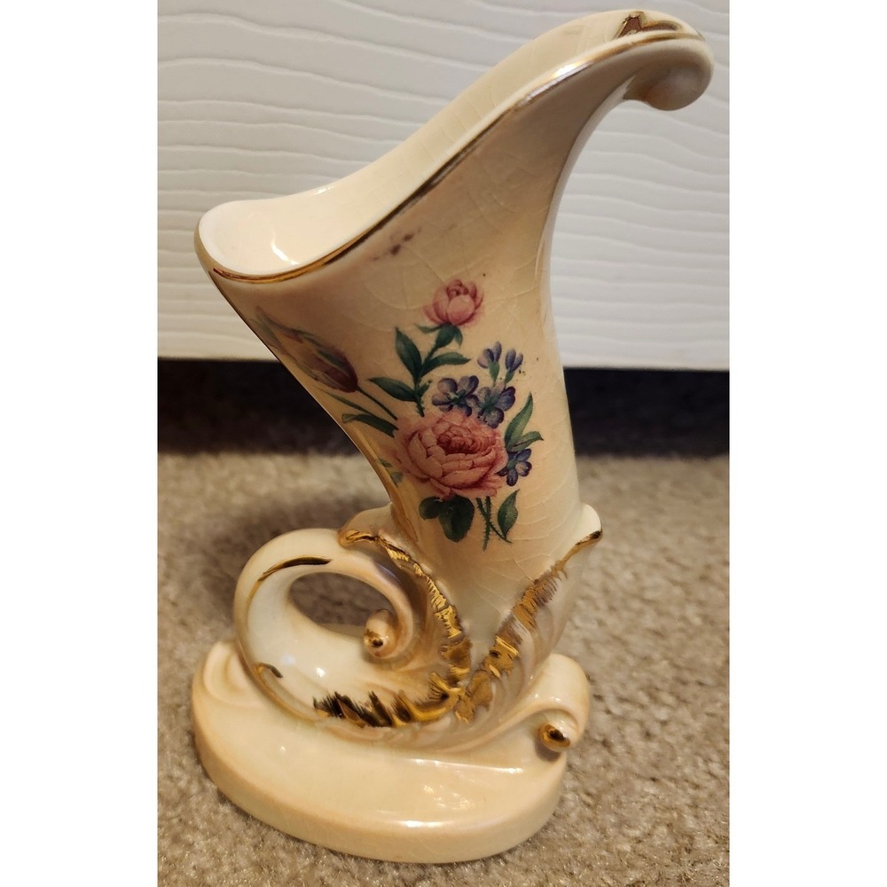 Vintage Spaulding China Cornucopia Vase Floral Gold‎ Trim Porcelain Mid Century